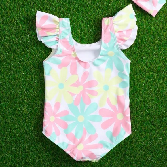 Baby Girl Floral One Piece Swimsuit With Hairband - Picture 2 of 4